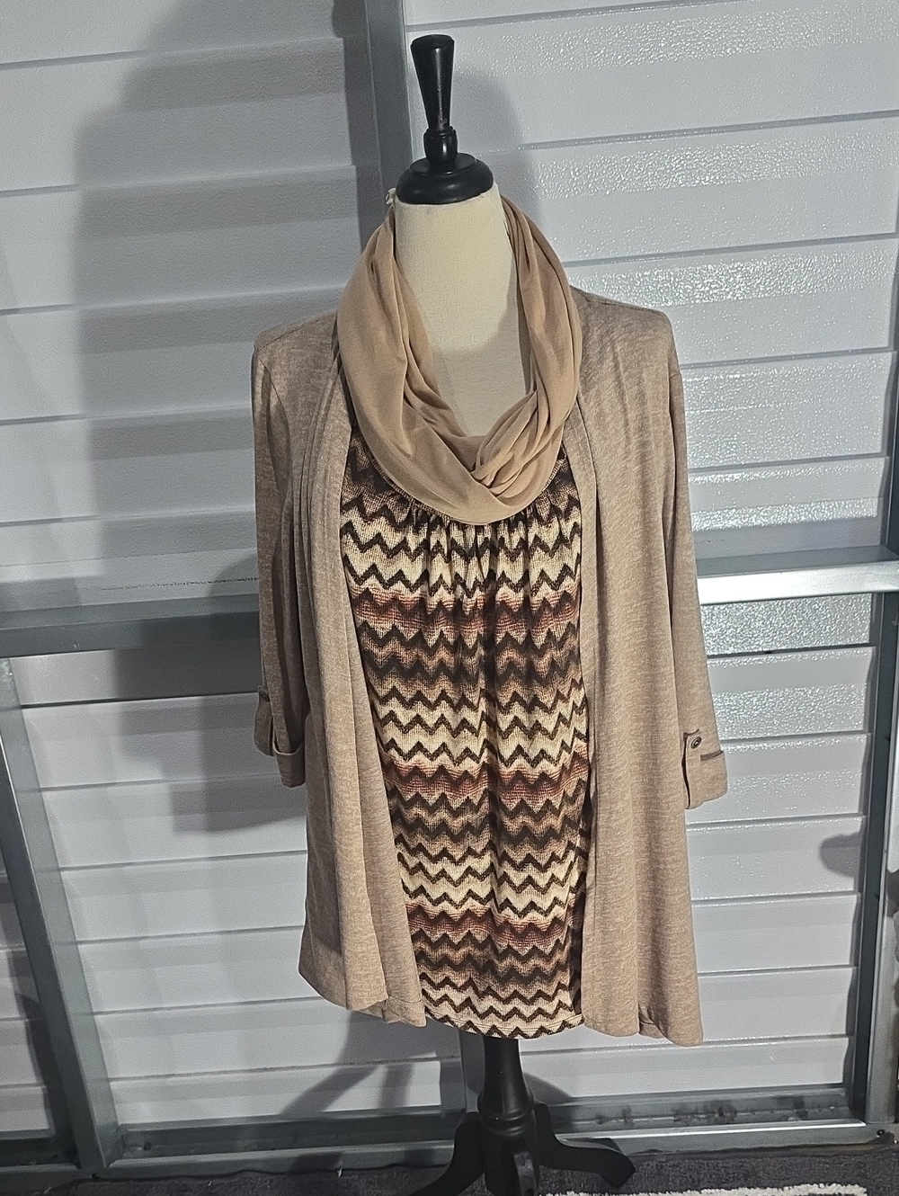 Faded Glory Beige Layered Cardigan Set with Chevron Knit Top and Scarf Size 2X